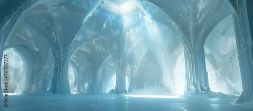Ice Palace Interior: Majestic Arches and Crystal Chandeliers in a Sunlit Fantasy Realm photo