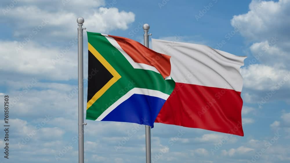 Poland and South Africa two flags waving together, looped video, two country cooperation concept Poland and South Africa two flags waving together, looped video, two country cooperation concept