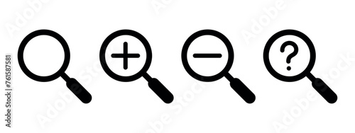 search symbol set, magnifying glass symbol, black line vector icon, plus, minus, question mark, search or zoom button for website