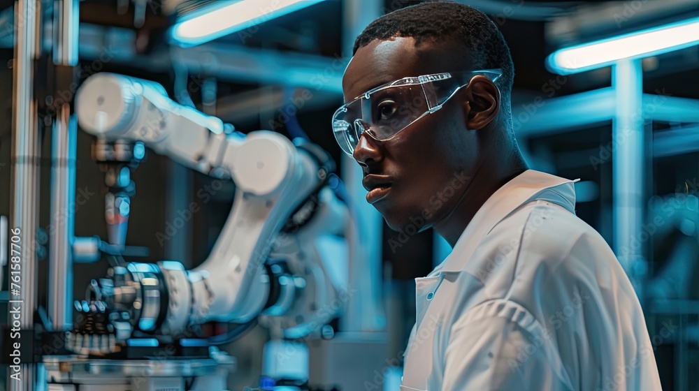 African-American man working with microscope in modern high-tech laboratory, black male scientist and robotic equipment in futuristic lab, AI generated African-American man working with microscope in modern high-tech laboratory, black male scientist and robotic equipment in futuristic lab, AI generated