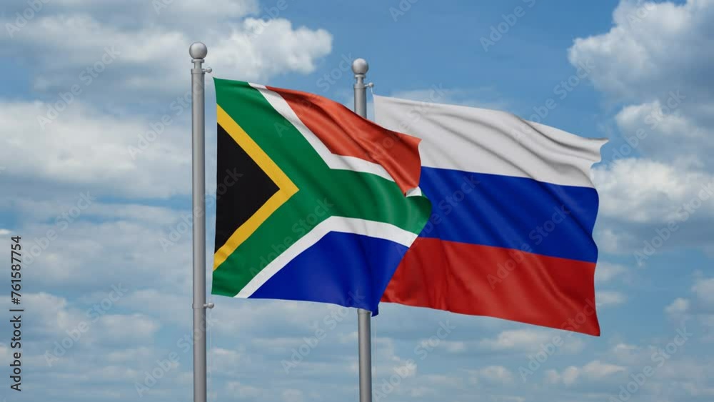 Russian Federation and South Africa two flags waving together, looped video Russian Federation and South Africa two flags waving together, looped video