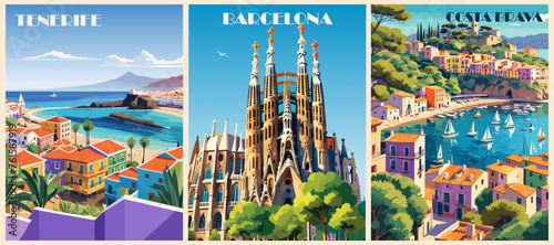 Set of Spain Travel Destination Posters in retro style. Barcelona, Tenerife, Costa Brava digital prints. European summer vacation, holidays concept. Vintage vector colorful illustrations.