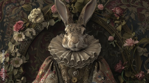 A regal rabbit dressed in elaborate Renaissance attire poses before a backdrop adorned with ornate floral designs, exuding nobility and grandeur. photo