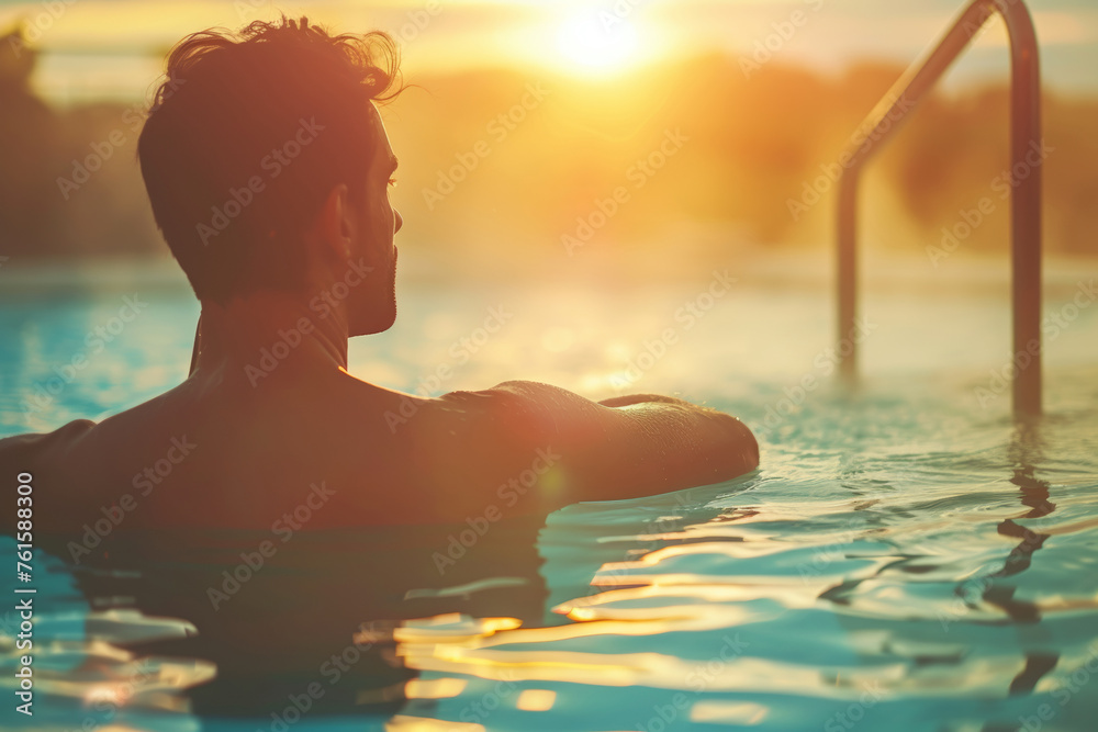 Handsome man swims in pool enjoying tranquility of early morning. Male rests in open-air pool against sky with soft hues of orange. Handsome man swims in pool enjoying tranquility of early morning. Male rests in open-air pool against sky with soft hues of orange.