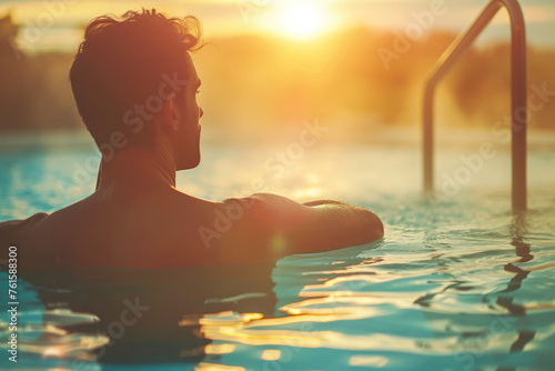 Handsome man swims in pool enjoying tranquility of early morning. Male rests in open-air pool against sky with soft hues of orange.