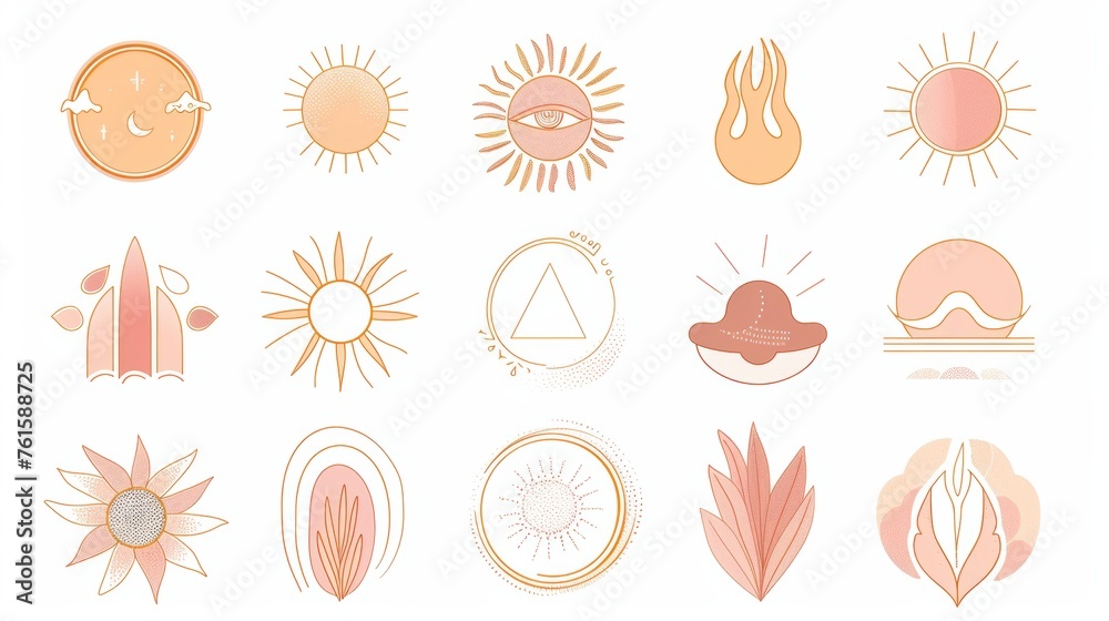 An abstract set of linear boho icons and symbols - sun logo design templates for social media posts, stories, artisan jewellery, and more.