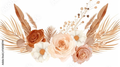 The bouquet includes desert palm leaves, blush pink and rust roses, a pale protea, a white ranunculus, pampas grass, a white protea.The elements are all isolated so that you can edit them.