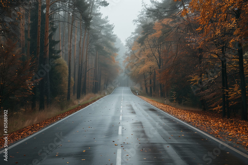 landscape of a road in autumn forest