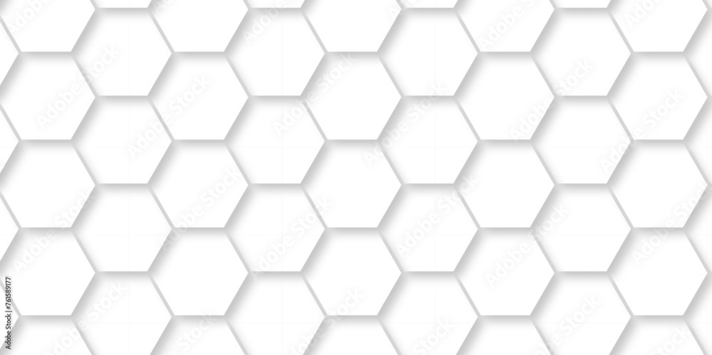 Fototapeta premium Abstract 3d background with hexagons pattern with hexagonal white and gray technology line paper background. Hexagonal vector grid tile and mosaic structure mess cell. white and gray hexagon.