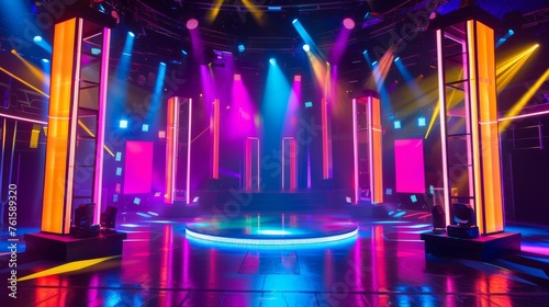 Game show stage shines with neon lights, colorful spotlights, and glowing pillars. Colorful beams from ceiling truss make game show stage lively and vibrant.