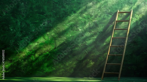 Abstract composition with ladder and its twisted shadow on green. Light and shadow with a single staircase against a textured green background, bringing out the theme of growth and climbing.