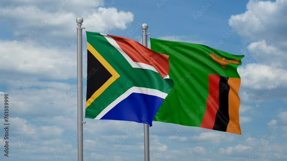 Zambia and South Africa two flags waving together, looped video, two country cooperation concept Zambia and South Africa two flags waving together, looped video, two country cooperation concept