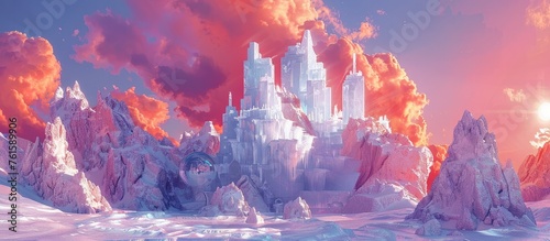Sunlit Ice Kingdom: An Ancient White Castle Surrounded by Crystal Mountains in a Dreamy Winter Realm