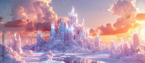 Fantasy Ice Castle in the Sky at Sunset with Sparkling Ice Crystals and Floating Islands