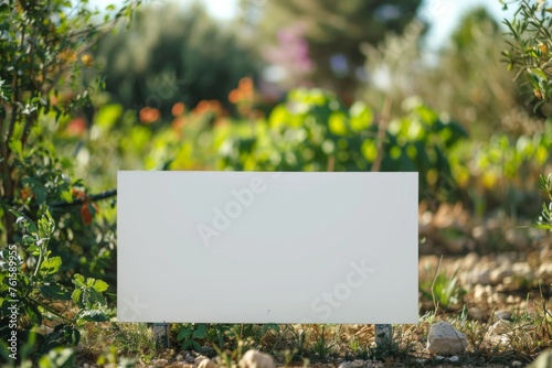 Blank signage among vibrant garden greenery under bright sunlight in a peaceful outdoor setting photo