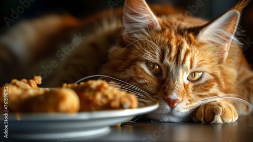  orange cat laying down hungry looking at fried chicken 