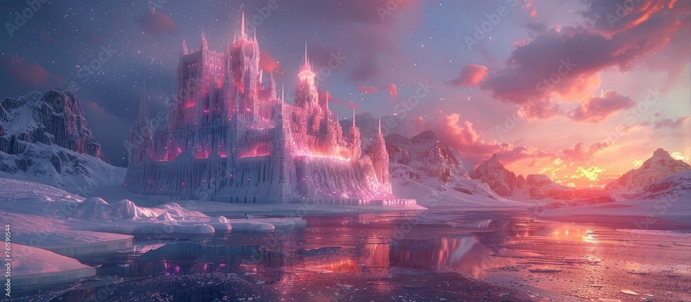 Majestic Frozen Castle Glowing Beneath Pink Twilight Sky and Snowy Mountains