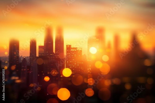 blur city background of blurry sunrise or happy golden hour sunset evening with heatwave, sunmmer sun heat wave, and cityscape buildings skyline backdrop