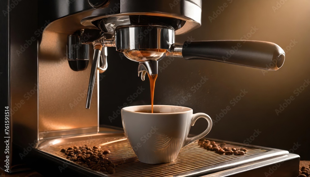 Coffee extraction from the coffee machine with a portafilter pouring coffee into a cup, Coffee extraction from the coffee machine with a portafilter pouring coffee into a cup,