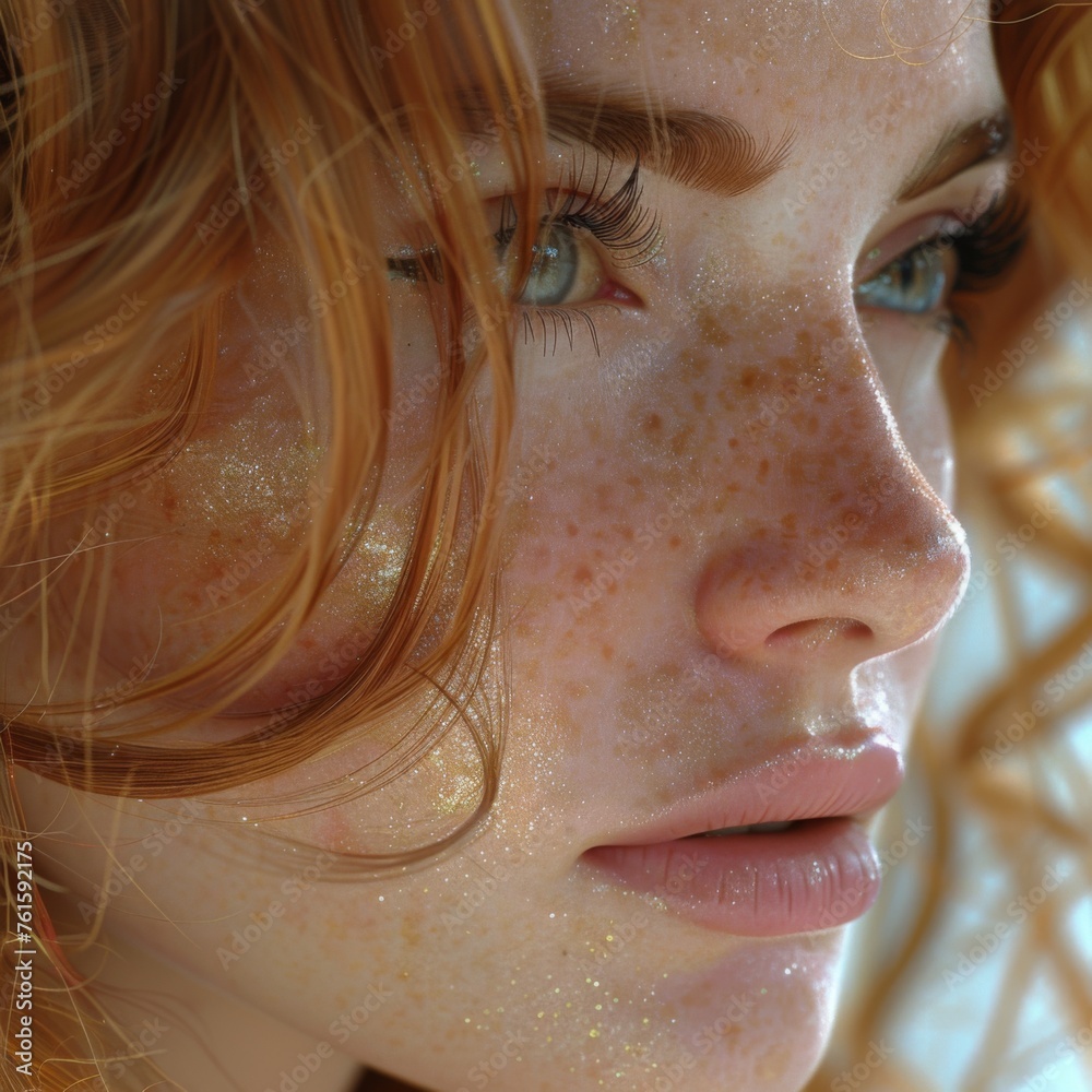 pretty young redhead, cat-eye lashes, the lens focuses on the eyes and eyelashes, wispy lashes, freckles, black eyes