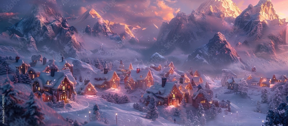 Fantasy Village in Snowy Himalayan Mountains Glowing with Warm Light
