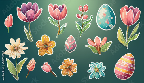 A set of individual stickers of flowers and eggs. Easter sticker set.