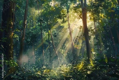 A dense forest with tall trees, sunlight filtering through the leaves creating rays of light on the ground and illuminating dust particles in midair Generative AI photo