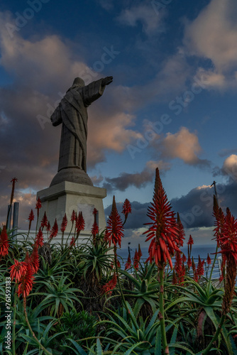  Red aloe vera flowers in the foreground with a statue of Jesus Christ in the background  Cristo Rei Caniço, Madeira island, Portugal