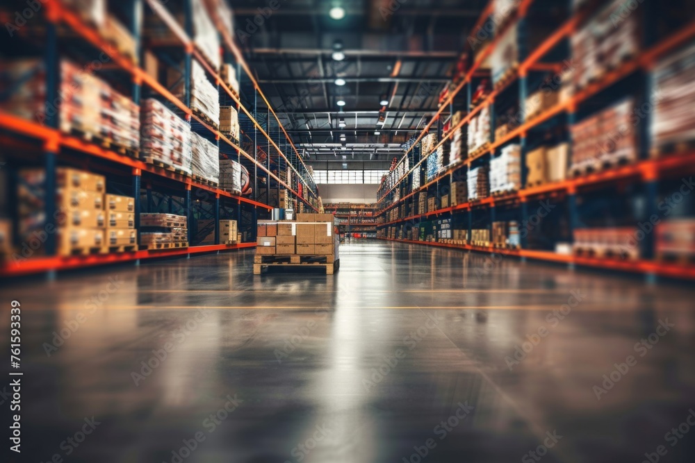 Retail warehouse full of shelves with goods in cartons, with pallets and forklifts. Logistics and transportation blurred background Product distribution center.