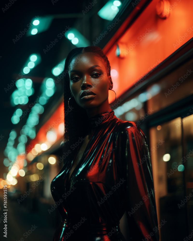 Beautiful Fashion Black Model with a shiny black skinny dress with sleeves into a night city street with many neons as a blurry background