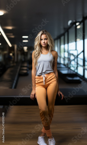 Beautiful caucasian very Young Woman with long blond hair and orange and gray Fitness clothes standing up inside a dark blurry gym set © ShkYo30