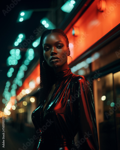 Beautiful Fashion Black Model with a shiny black skinny dress with sleeves into a night city street with many neons as a blurry background