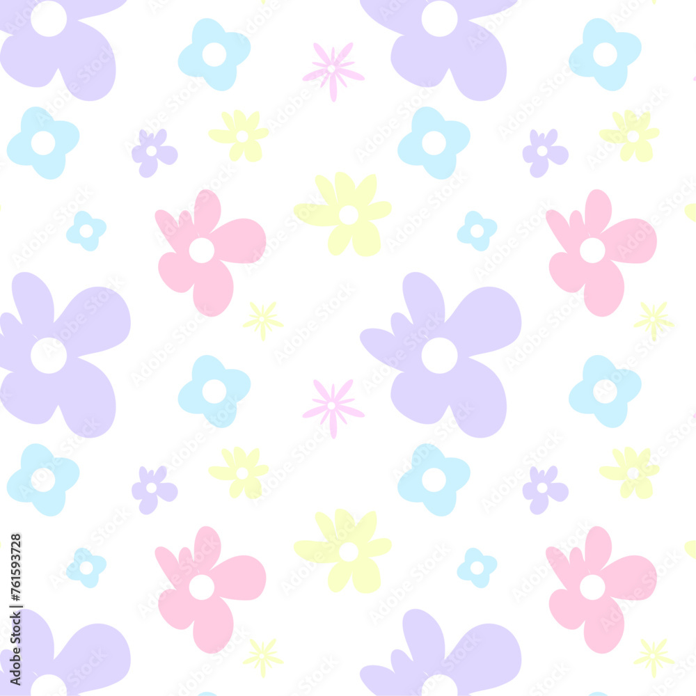 Cute floral seamless pattern, 90s retro style abstract flowers in pastel colors