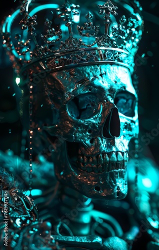  a skeleton in a crown, in the style of hyper-realistic sci-fi, dark cyan, vray tracing, neonpunk photo