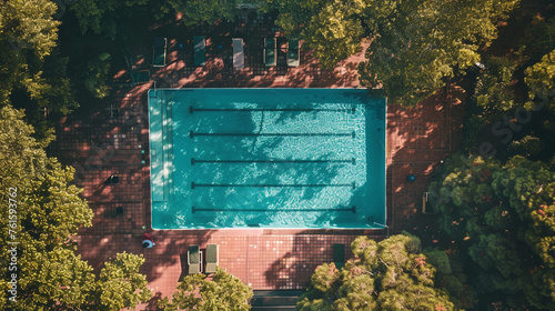 The view from above of an old swimming pool with clear blue water. There are chairs to relax and rest by the pool.  © Aisyaqilumar