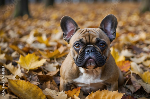 Neugieriger Französischer Bulldogge genießt Herbstlaub
