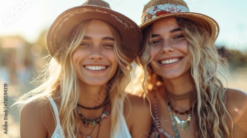 two girl friends smiling happy in the distance happy at coachella music festival in white and black bohemian clothing festival attire trendy