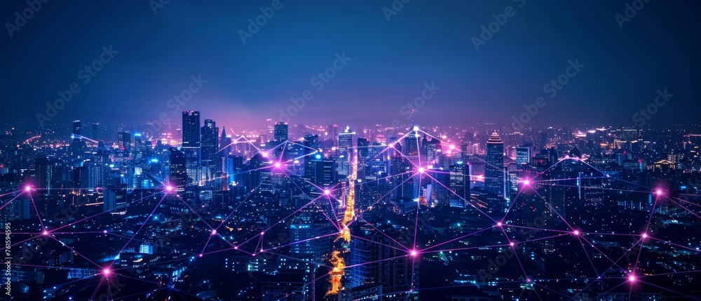 Night time wireless network connection and cityscape concept in a modern city. Wireless network and connection technology concept in city with nighttime cityscape background.