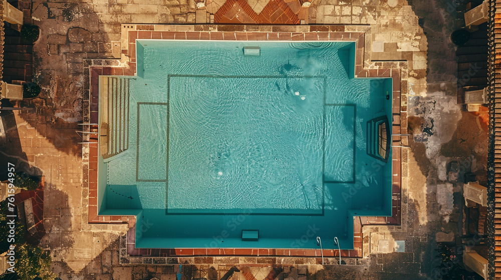 The view from above of an old swimming pool with clear blue water. There are chairs to relax and rest by the pool.
The view from above of an old swimming pool with clear blue water. There are chairs to relax and rest by the pool.