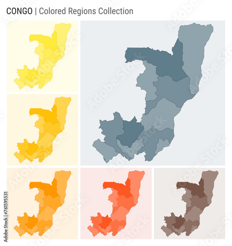 Congo map collection. Country shape with colored regions. Blue Grey, Yellow, Amber, Orange, Deep Orange, Brown color palettes. Border of Congo with provinces for your infographic. Vector illustration.