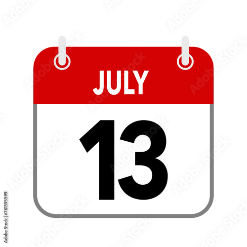 13 July, calendar date icon on white background.