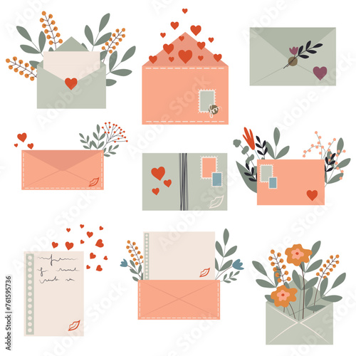 A set of envelopes for the holidays. Spring flowers and letters. Congratulation