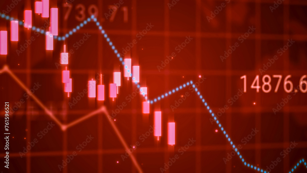 Falling digital business trend chart, market candlestick stock chart loss profit, negative crypto investment bearish price concept, blue finance technology failure crisis background 3d rendering Falling digital business trend chart, market candlestick stock chart loss profit, negative crypto investment bearish price concept, blue finance technology failure crisis background 3d rendering