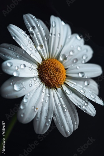 White daisy with dew drops, macro photography, black background