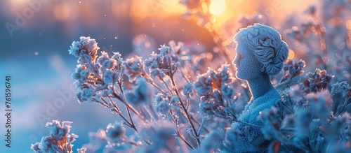 Winter Landscape with Frost-Covered Flowers & Ice Statue Under Golden Sunrise Glow photo