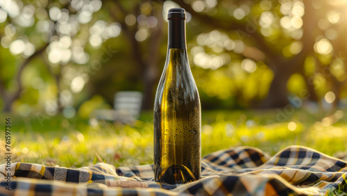 Wine Bottle on Picnic Blanket at Sunset. photo