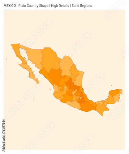 Mexico plain country map. High details. Solid regions style. Shape of Mexico. Vector illustration.