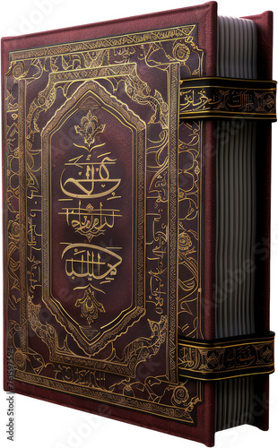 Ornate Quran book with gold embossed cover and Arabic calligraphy, cut out transparent