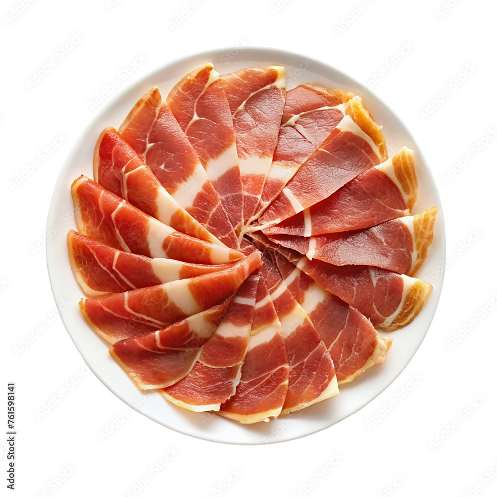 Slices of ham on a plate. Isolated on a transparent background.