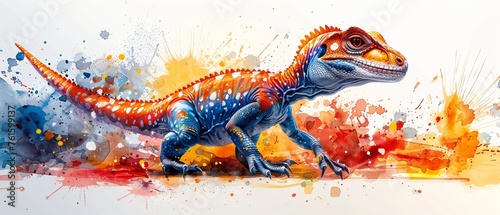 Charming little Velociraptor in watercolor vibrant and lively on a white background